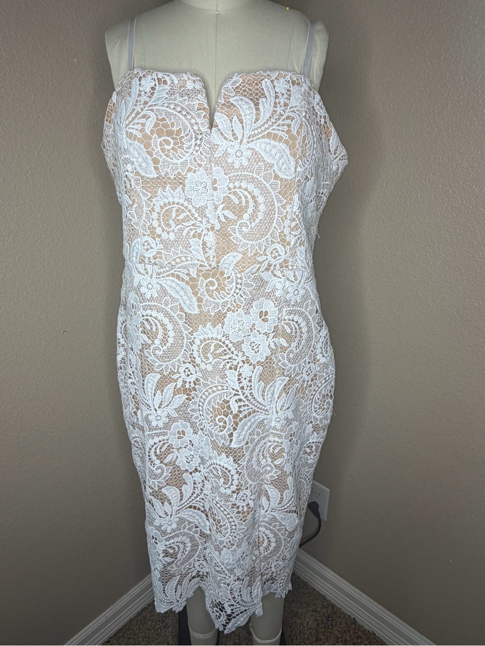 Guess White Lace Midi Dress with Nude Lining